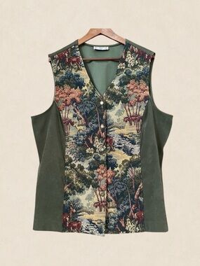 Vintage Tapestry Faux Suede Vest Woodland Scenic Oversized L/XL Button Front 90s